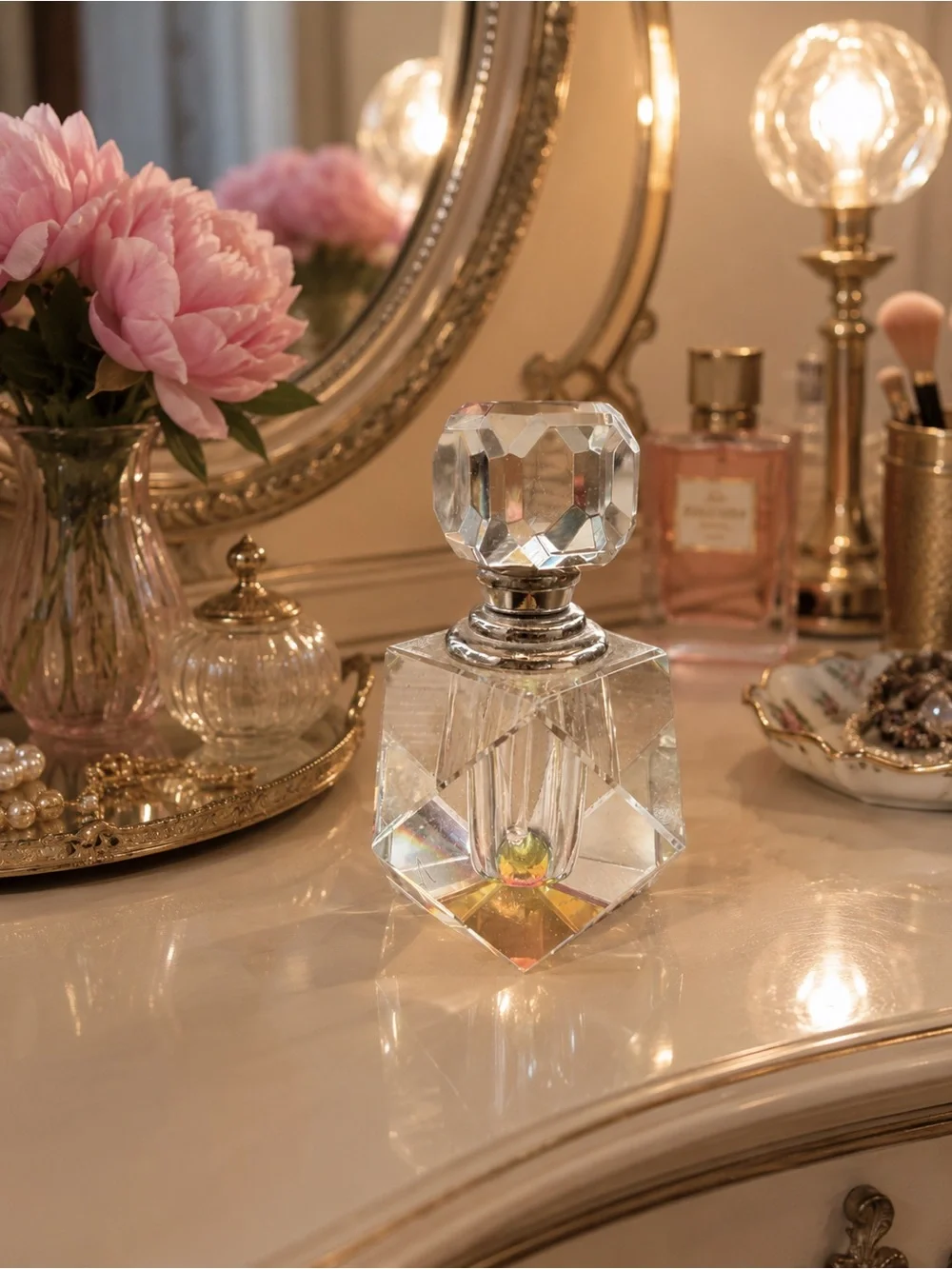 Vintage OLEG CASSINI Crystal PERFUME BOTTLE With Crystal Stopper, 3.25” Tall